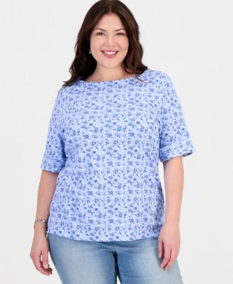 Plus Size Printed Boat-Neck Elbow-Sleeve Top
