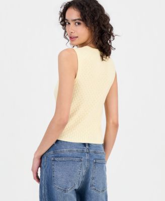 Juniors' Pointelle Knit Crewneck Cropped Vest