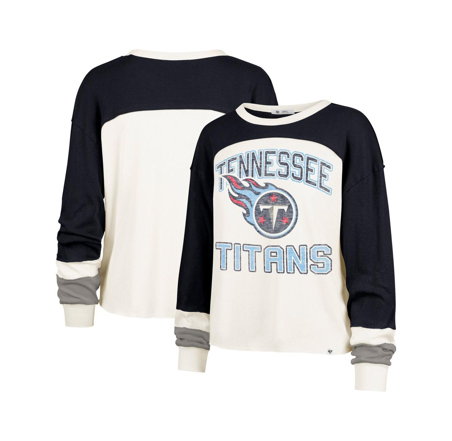 Women's Cream Tennessee Titans Double Header Curve Raglan Long Sleeve Crop Top