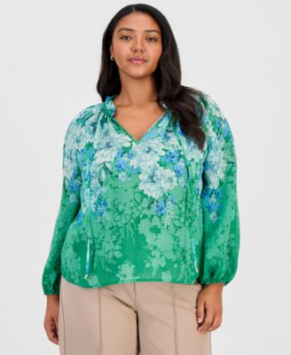 Plus Size Long-Sleeve Floral Bow Blouse