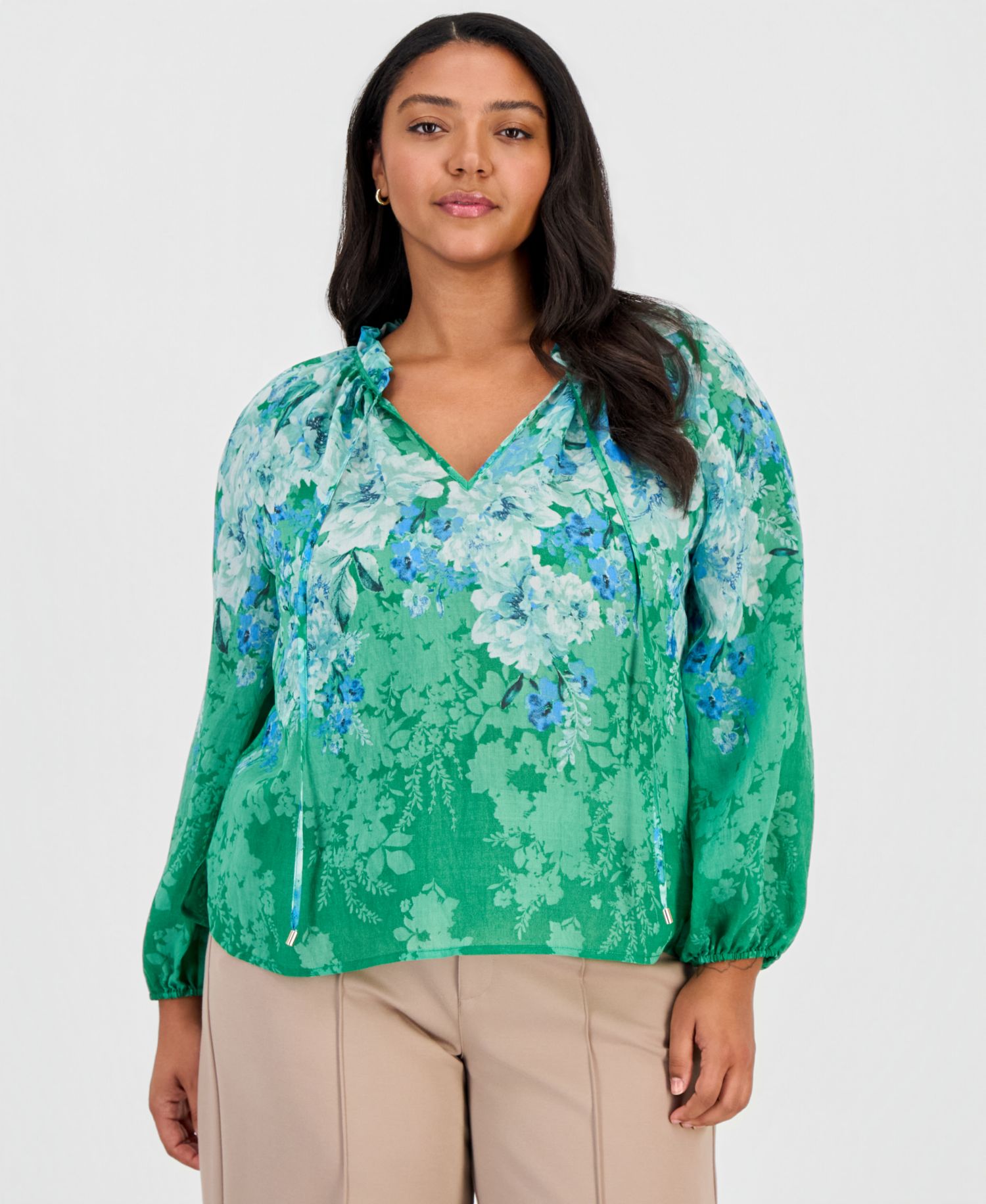 ASL Plus Size Long-Sleeve Floral Bow Blouse