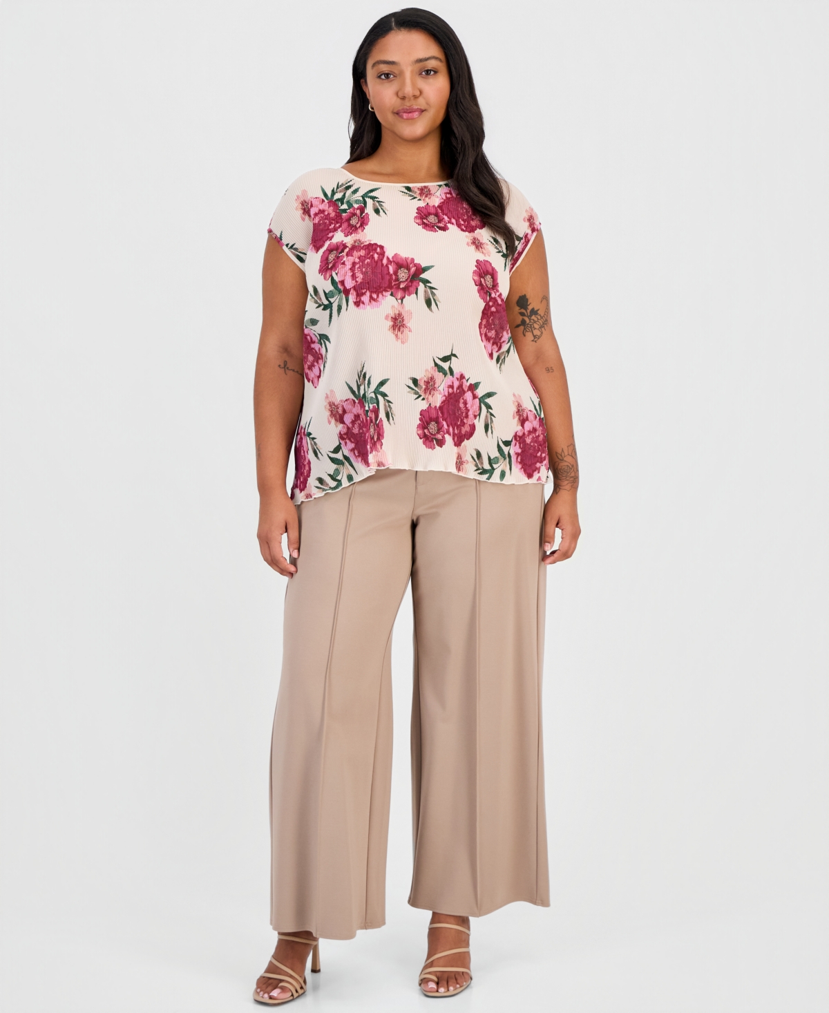 Tahari Asl Plus Plisse Floral-Print Top