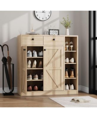 42'' Shoe Storage Cabinet with Doors & Drawers, Modern 4 Tier Shoe Rack Organizer with Adjustable Shelves and Stable Base