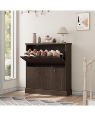 Fluted Shoe Cabinet with 2 Flip Drawers Narrow Cabinet with Adjustable Shelves and Elegant Handles Wooden Shoe Organizer for Entryway Hallway