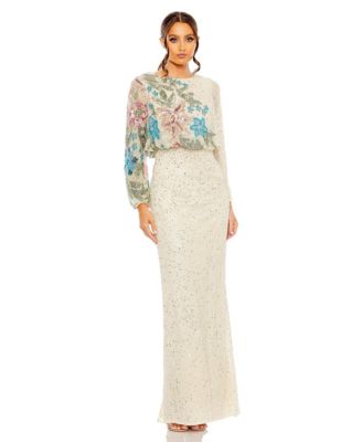 Women's High Neck Blouson Sleeve Sequin Gown