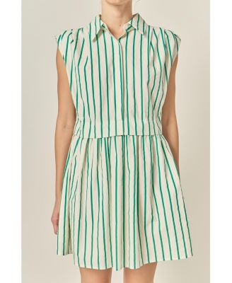 Women's Striped Pleated Shoulder Shirt Mini Dress