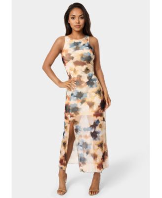 Women's Printed Powermesh Side Shirred Maxi Dress