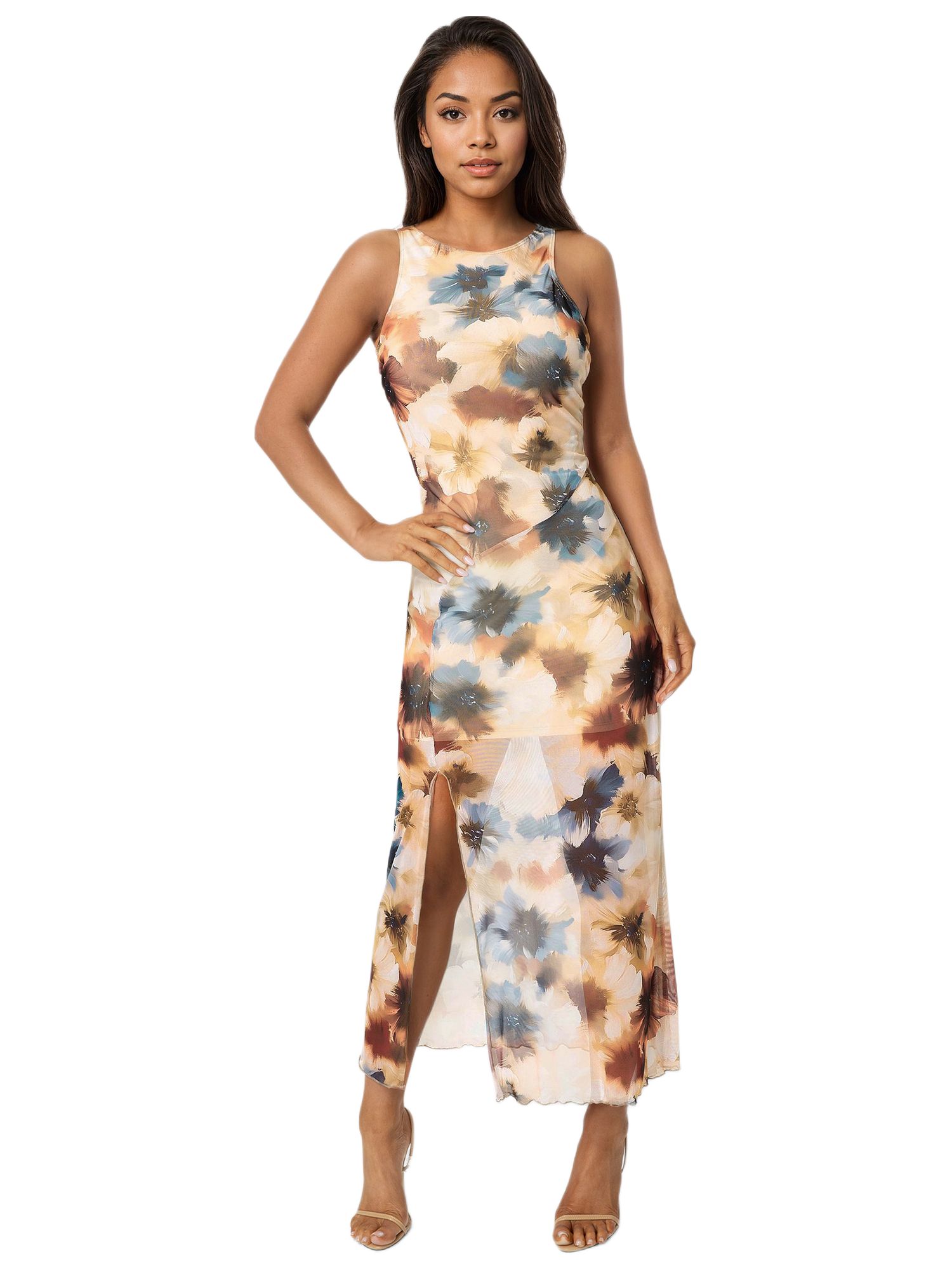 Womens Printed Powermesh Side Shirred Maxi Dress