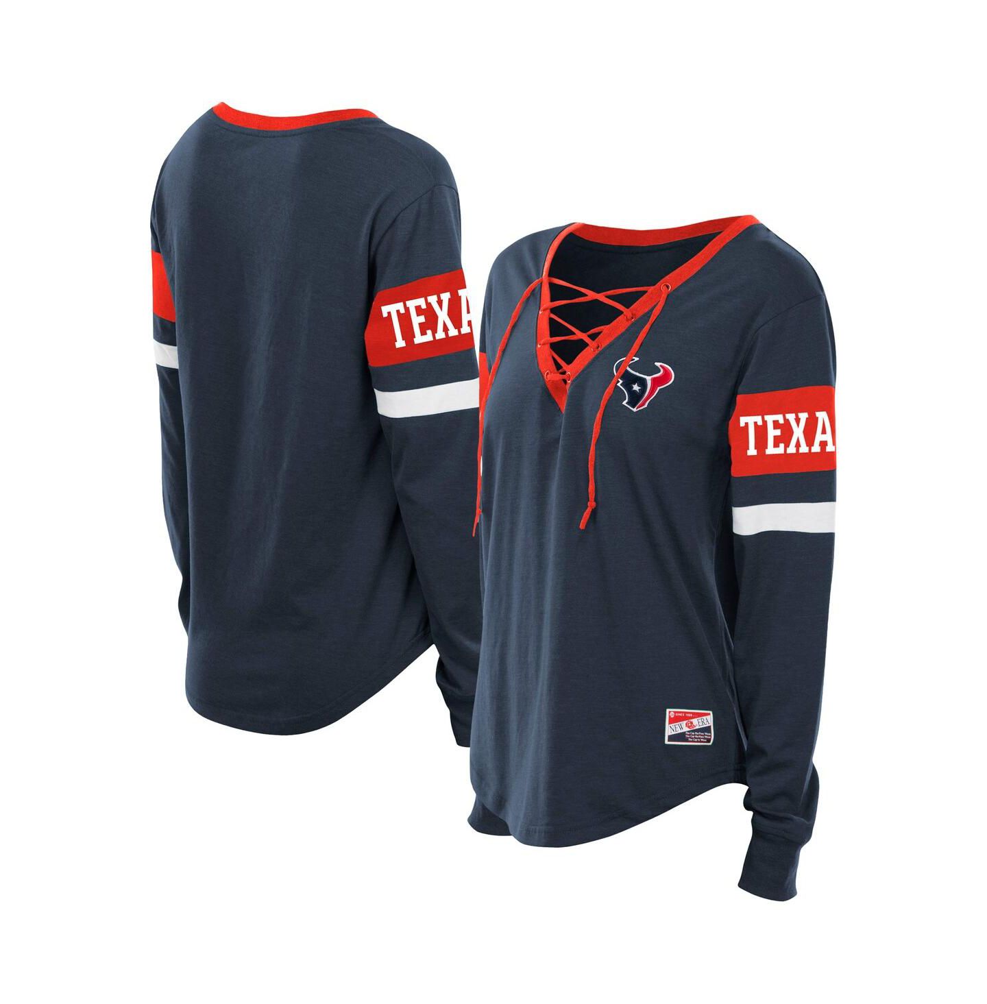 Женская футболка New Era Navy Houston Texans Plus Size Throwback Lace-Up Long Sleeve — фото 1