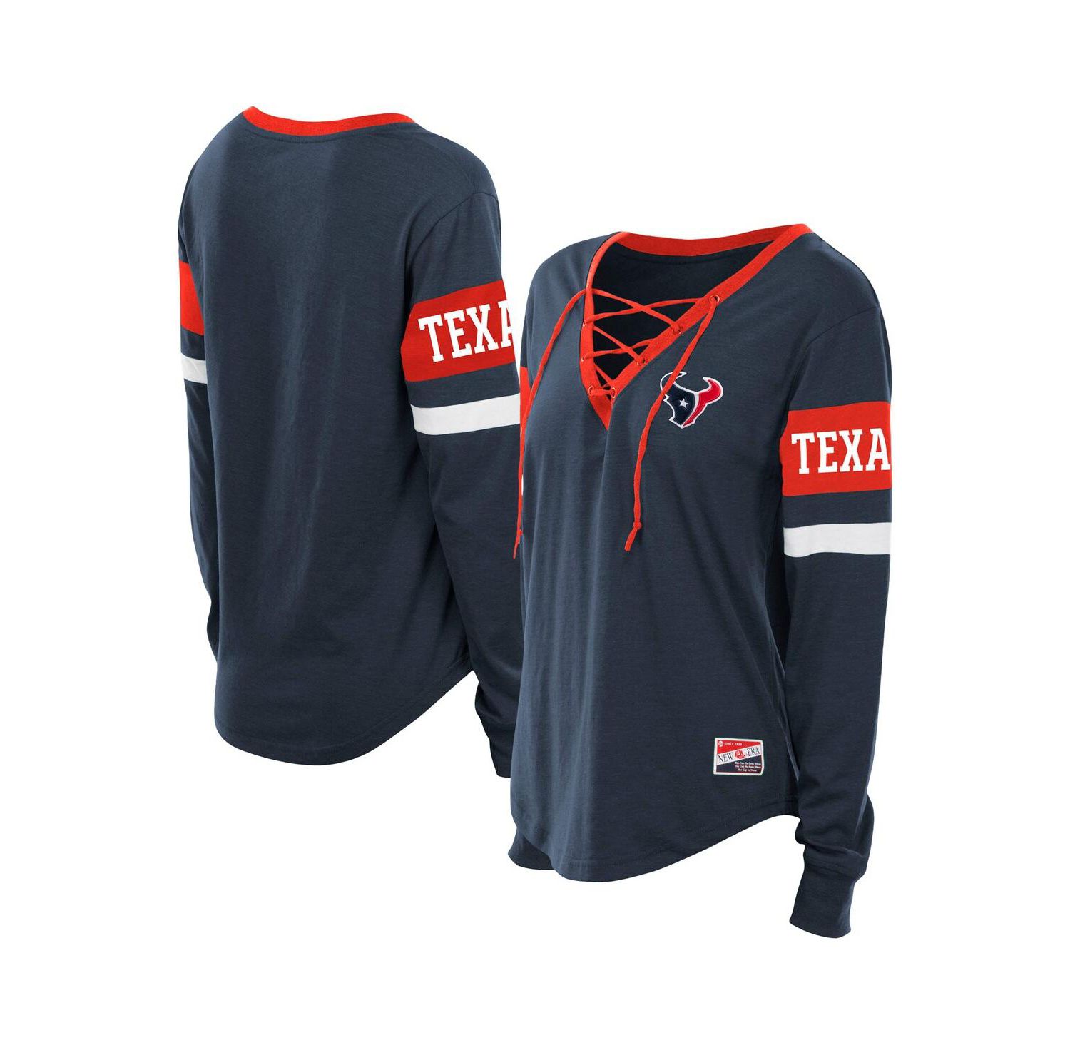 Women's Navy Houston Texans Plus Size Throwback Lace-Up Long Sleeve T-Shirt