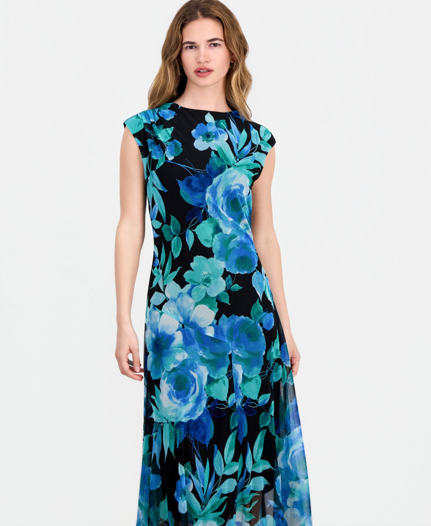 Women's High-Neck Cap-Sleeve Mesh Dress