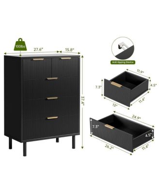 Black Wave Fluted 5 Drawer Dresser for Bedroom, Modern Wood Chest of Drawers with Wide Drawers, Closet Dresser Organizer, Entryway