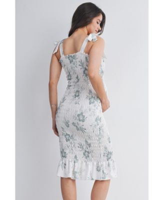 Maternity Bodycon Floral Smocked Midi Dress with Adjustable Tie Straps