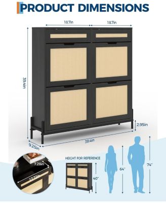 Rattan Shoe Cabinet Storage with 4 Flip Drawers and 2 Top Drawers Freestanding Shoe Organizer Wooden Slim Shoe Rack Storage