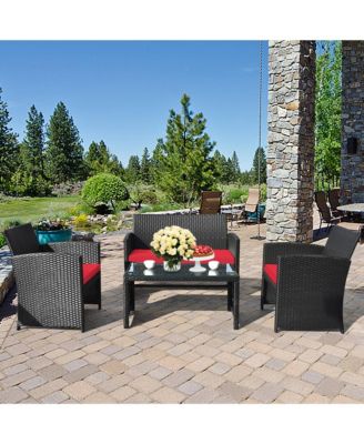 8PCS Rattan Outdoor Conversation Set Patio Furniture Set w/ Red Cushions