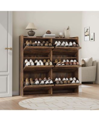 "Shoe cabinet with 6 flip drawers, adjustable removable shelves, modern wooden design with hidden handle for entryway."
