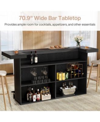 4-Tier Bar Table, 70.9-Inch Large Wooden Home Bar Unit with Wine Glass Holder