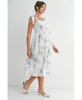Maternity Floral Smocked Empire Waist Midi Dress with Tie Straps