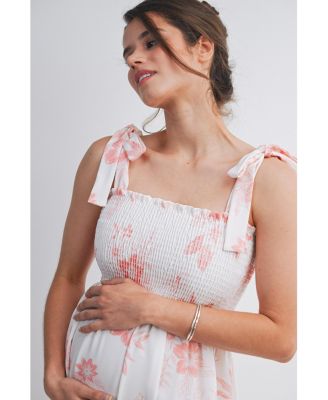 Maternity Floral Smocked Empire Waist Midi Dress with Tie Straps