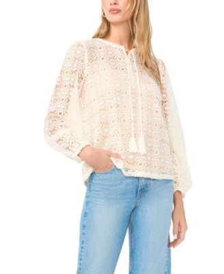 Women's Circle Lace Tassel Trim Long-Sleeve Top