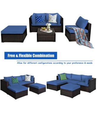 5PCS Rattan Patio Conversation Set Outdoor Furniture Set w/ Ottoman Navy Cushion