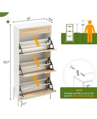 Rattan Shoe Cabinet for Entryway 3 Tier Slim Shoe Rack with Flip Drawers Narrow Door Freestanding Shoe Storage Organizer