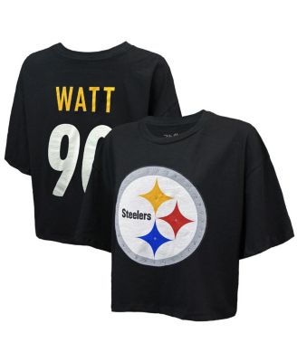 Women's T.J. Watt Black Pittsburgh Steelers Swarovski Crystals Boxy Cropped Name & Number T-Shirt