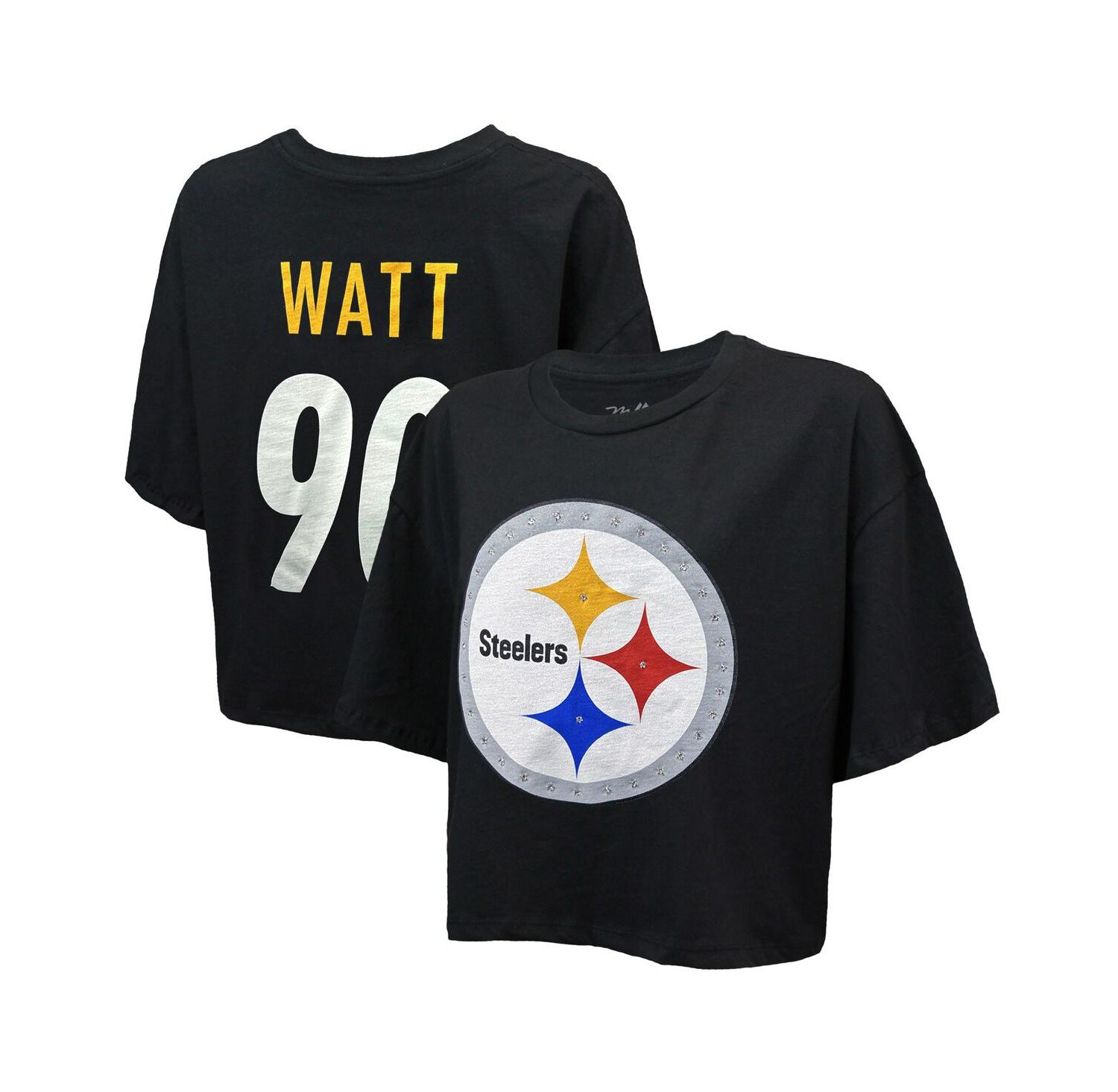 Women's T.J. Watt Black Pittsburgh Steelers Swarovski Crystals Boxy Cropped Name & Number T-Shirt