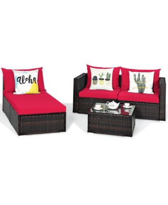 5PCS Cushioned Rattan Patio Conversation Set with Ottoman Red Cushion