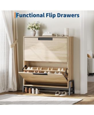 Narrow Hidden Shoe Storage Organizer with Top Decor Shelf Modern Shoe Cabinet with 2 Flip Drawers for Entryway and Hallway