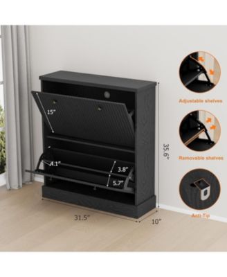 Fluted Shoe Cabinet with 2 Flip Drawers Narrow Cabinet with Adjustable Shelves