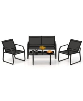 4 PCS Patio Conversation Set w/ Breathable Fabric Seat Tempered Glass Tabletop