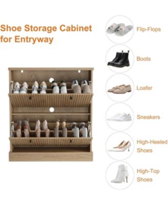Fluted Shoe Cabinet with 2 Flip Drawers Narrow Cabinet with Adjustable Shelves and Elegant Handles Wooden Shoe Organizer