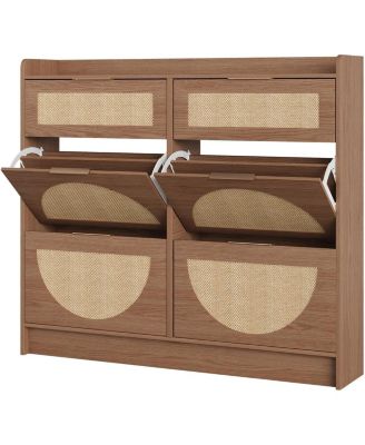 Rattan Shoe Storage Cabinet with 4 Flip Drawers and 2 Drawers Freestanding Organizer for Front Door Entrance Hidden Narrow Shoe Rack