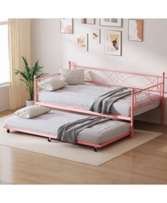 Daybed Metal Frame with Trundle Platform Sofa Bed Lockable Casters Metal Slats Living Room Bedroom Guest