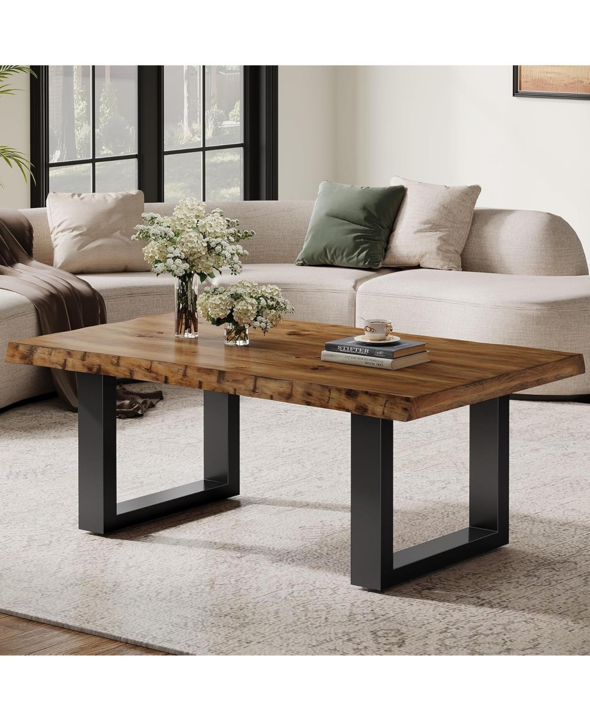 Tribesigns Solid Wood Coffee Table, Industrial Modern Coffee Table with Sturdy Metal Base, 47-Inch Large Accent Center
