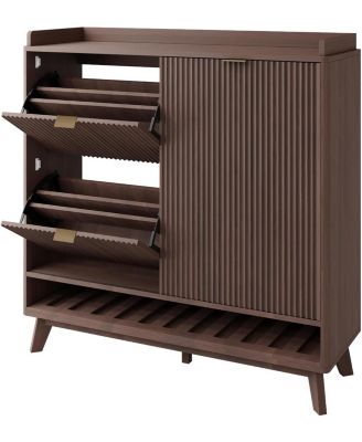 Space-Saving Fluted Shoe Cabinet for Entryway – Narrow Freestanding Wooden Shoe Organizer with Sliding Door 2 Turn Drawers