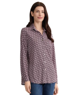 Petite Long-Sleeve Button-Front Printed Top
