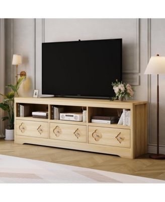 70in TV Stand for TVs Up to 85", Mid Century Modern Entertainment Center with Storage Engraving Drawer and Open Shelves