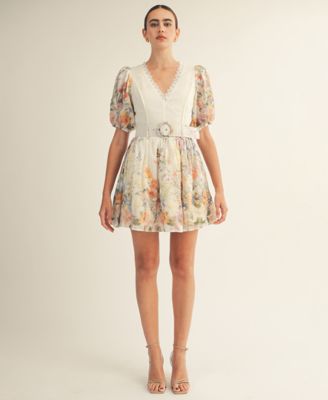 Women's Floral Garden Border Print Belted Mini Dress