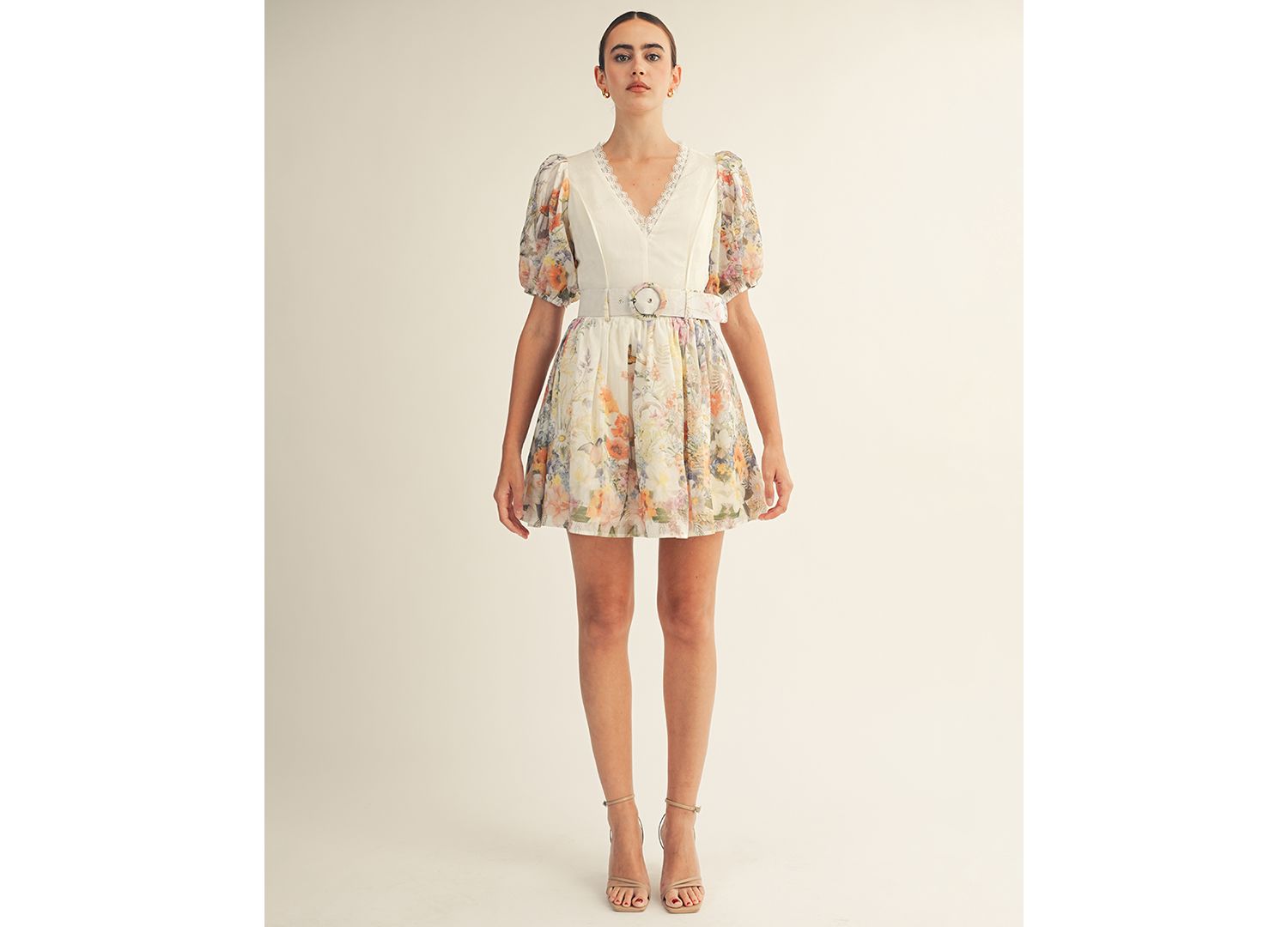 Women's Floral Garden Border Print Belted Mini Dress