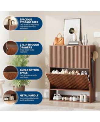31.5'' Shoe Cabinet for Entryway with 2 Flip Drawers Fluted Slim Shoe Storage Cabinet Narrow Free Standing Wooden Shoes Organizer