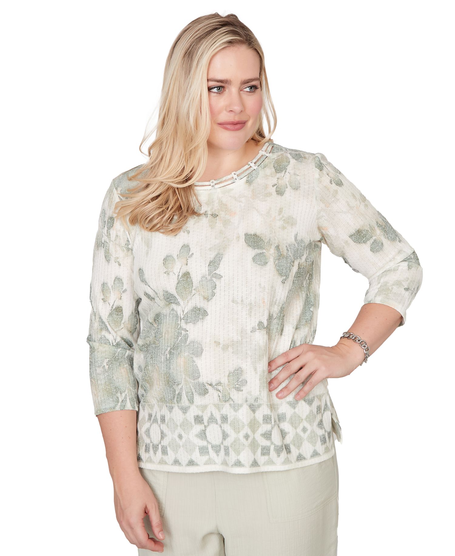 Petite Charm Floral Tonal Border Embellished Crew Neck Top