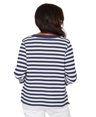 Petite Port Side Pique Stripe Button Detail Crew Neck Top