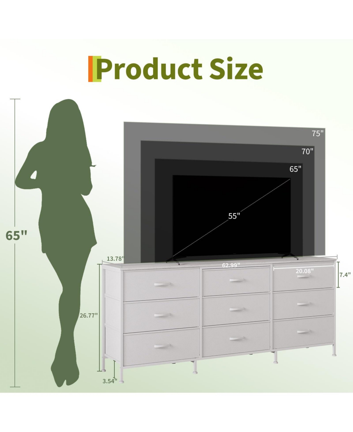 gaomon 63 Inch Dresser Tv Stand with 9 Fabric Drawers, Large Storage Chest