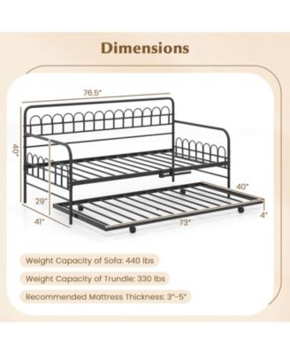 Daybed with Trundle Curved Backrest & Armrests Heavy-duty Metal Slats