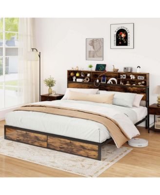 King Bed Frame with Charging Station Storage Headboard Under-bed Storage Space