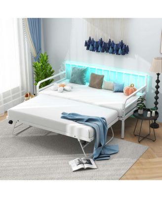 Twin Size Daybed with Pop-up Trundle Charging Station & LED Lights for Living Room