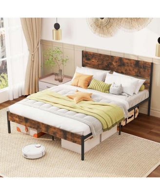 Queen Size Bed Frame with Wooden Headboard Under-Bed Storage No Box Spring Needed