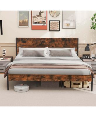 King Size Bed Frame with Wooden Headboard Under-Bed Storage No Box Spring Needed
